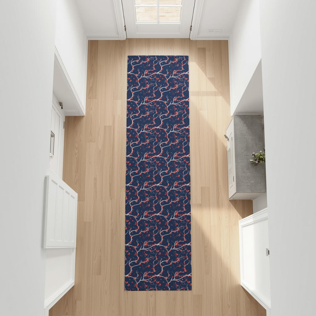 Red Floral Branch Pattern on Navy Background Hallway & Entryway Rug