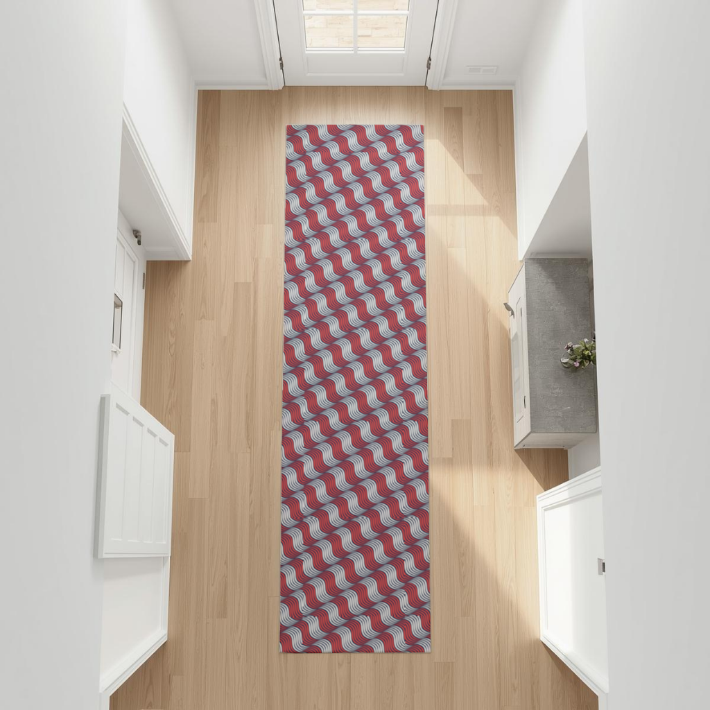 Red and Navy Wavy Line Pattern Hallway & Entryway Rug
