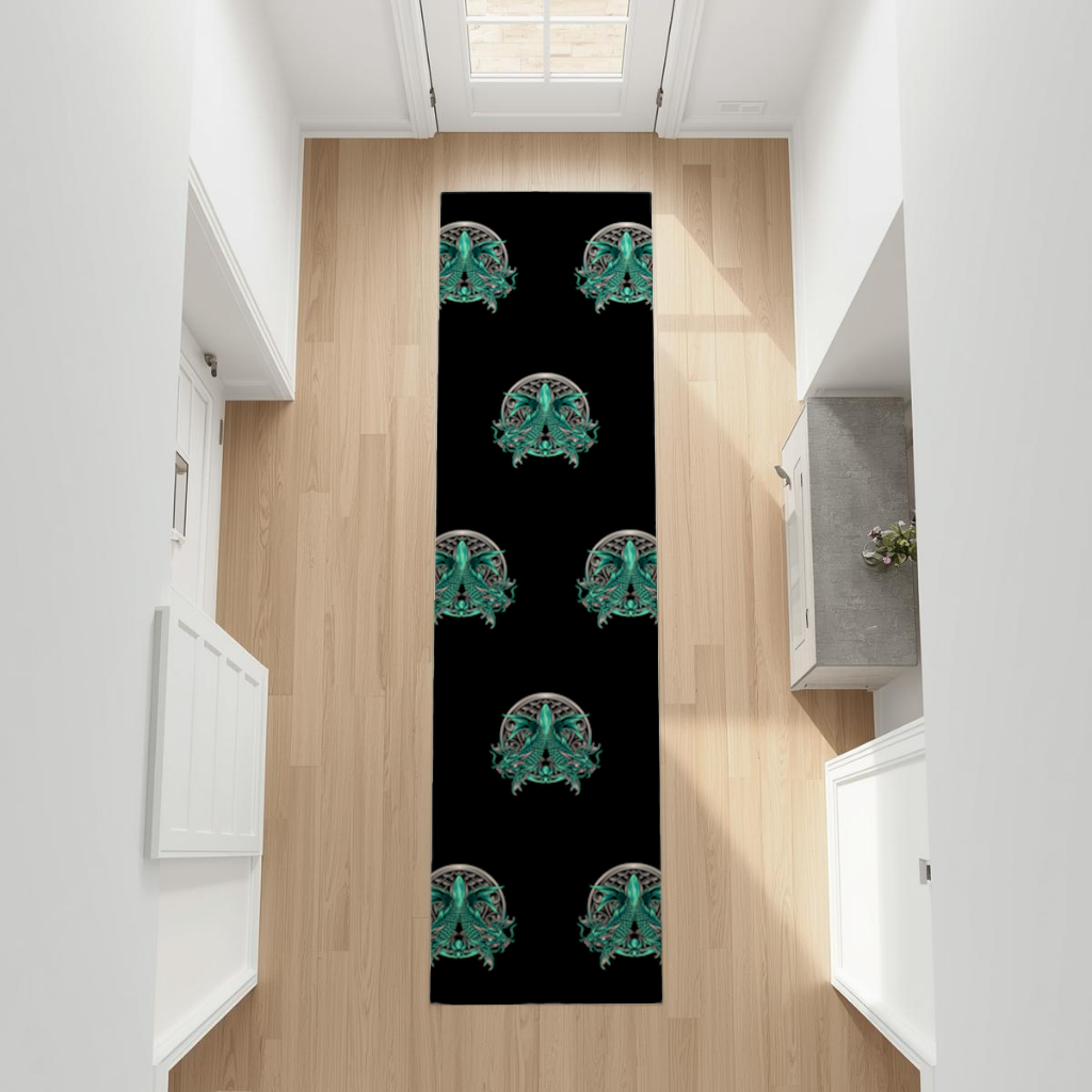 Turquoise Twin Dragon Emblem Design Hallway & Entryway Rug