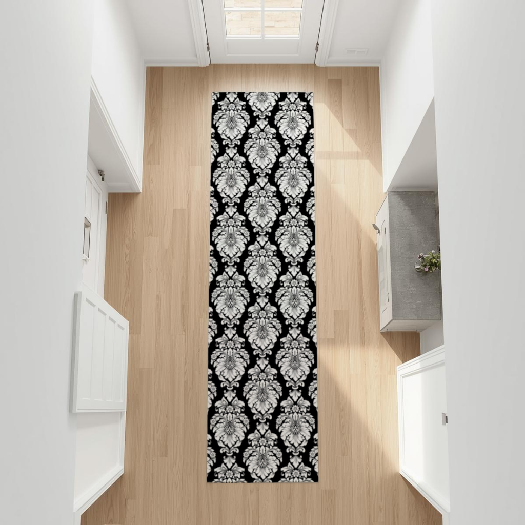 Black and White Baroque Floral Pattern Hallway & Entryway Rug