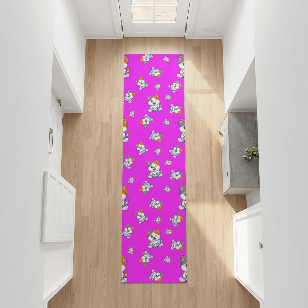Cute Cartoon Cat Pattern on Pink Background Hallway & Entryway Rug