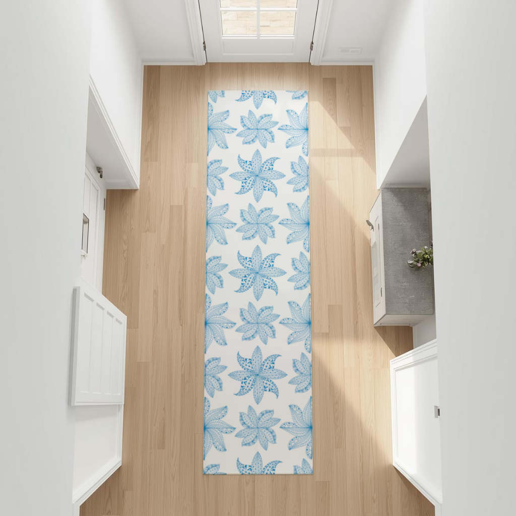 Blue Mandala Floral and Leaf Zentangle Pattern Hallway & Entryway Rug