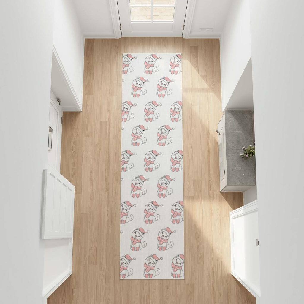 Cute Christmas Cat with Pink Polka Dot Outfit Hallway & Entryway Rug