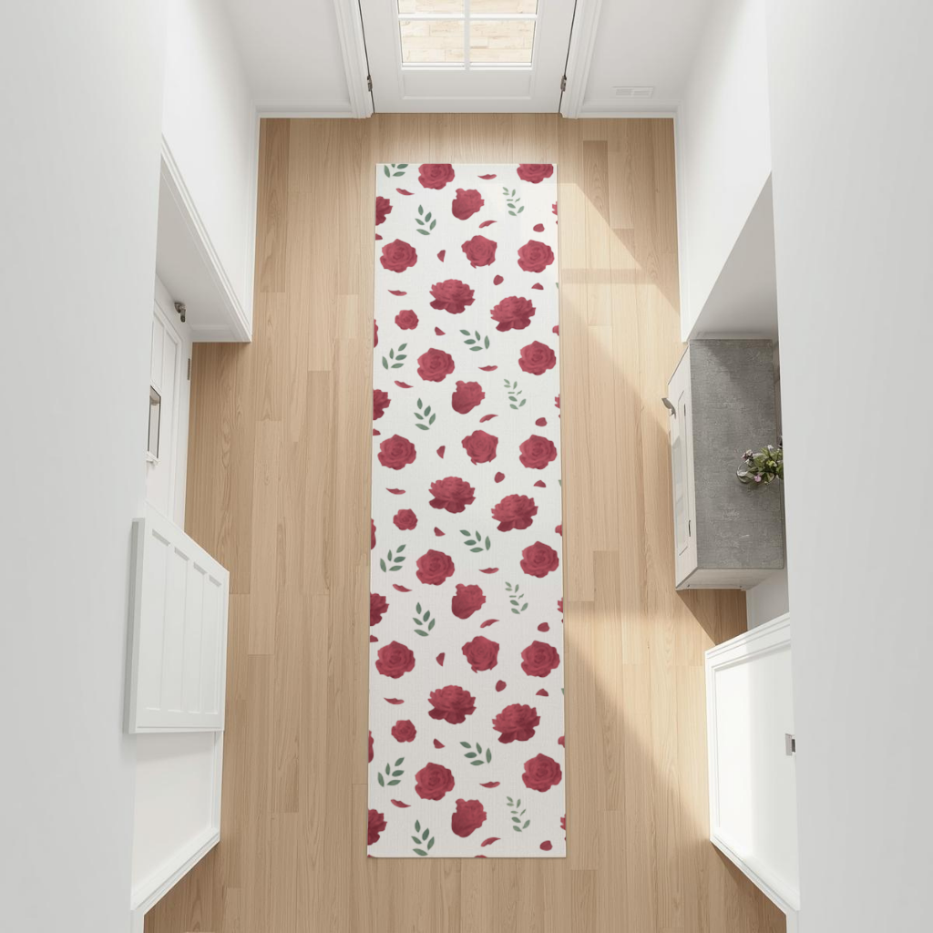 Red Rose and Leaf Romantic Seamless Pattern Hallway & Entryway Rug