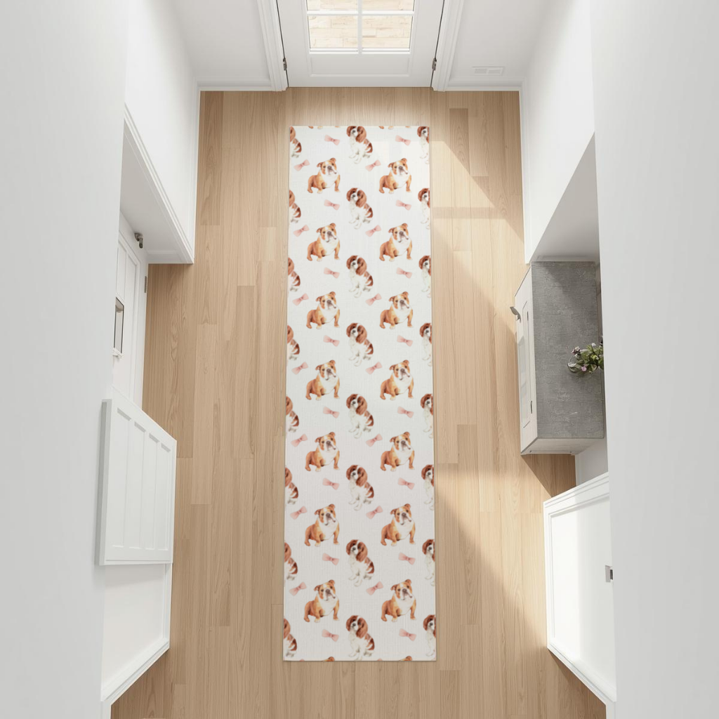 Watercolor English Bulldog and Cavalier Puppy Pattern Hallway & Entryway Rug