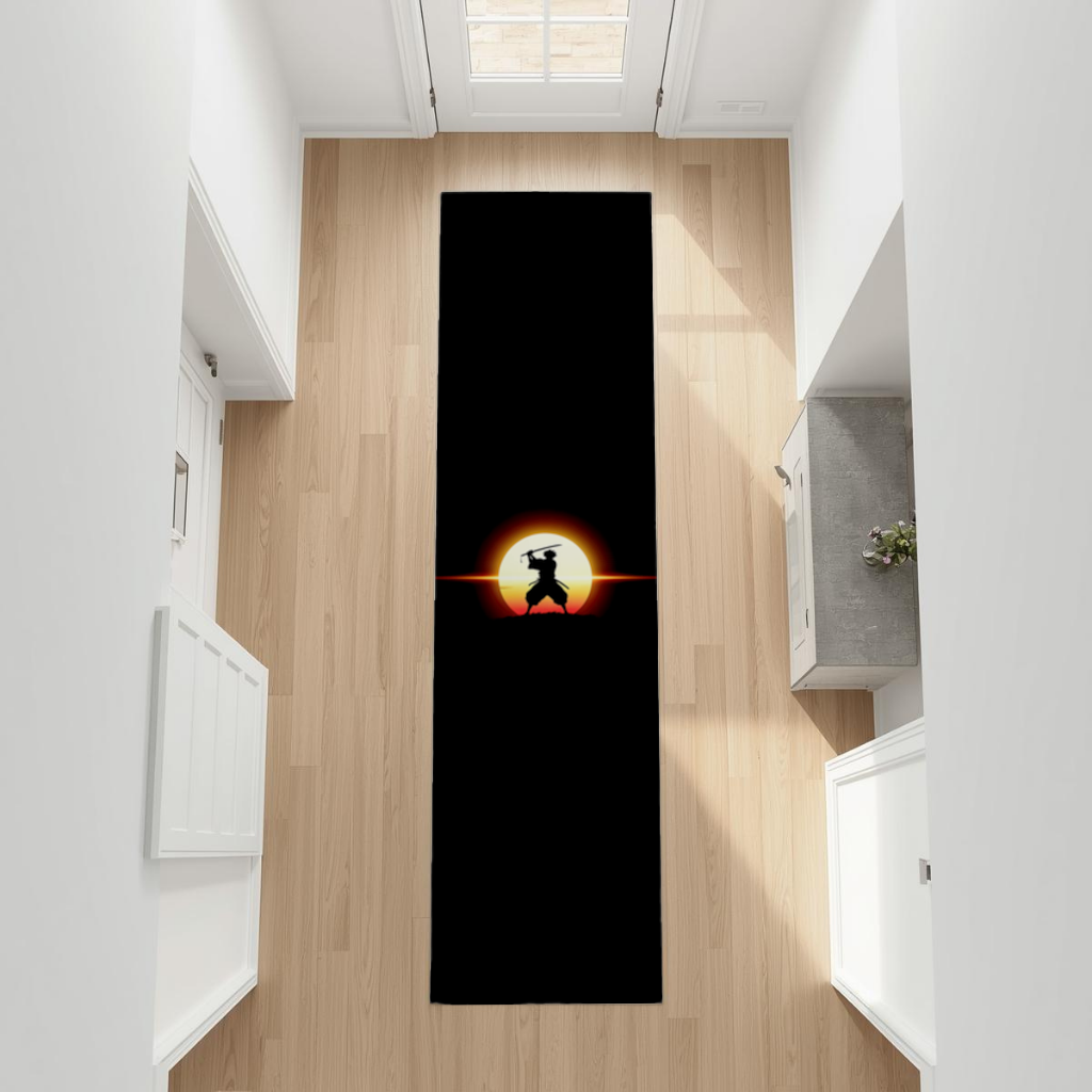 Samurai Silhouette Under the Rising Sun Honor and Strength Hallway & Entryway Rug