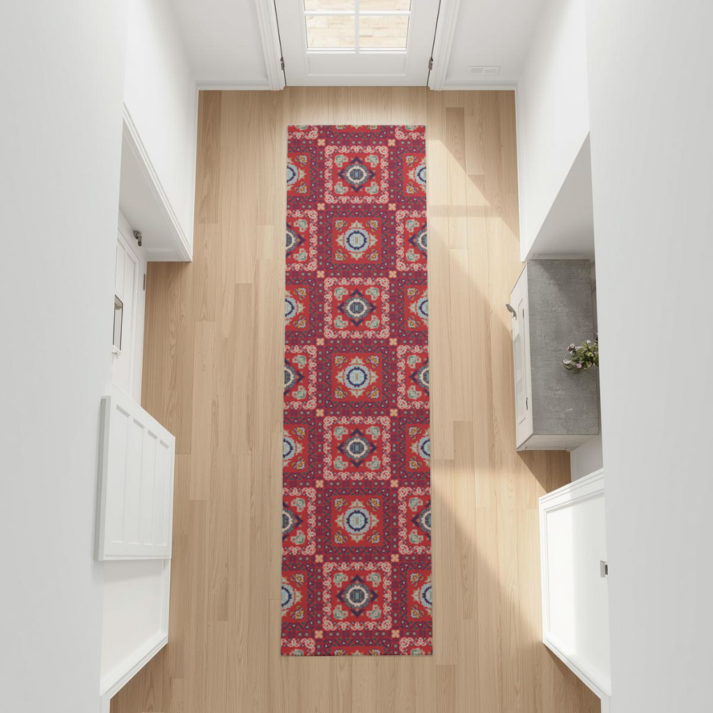 Traditional Kilim Inspired Red Ethnic Geometric Pattern Hallway & Entryway Rug