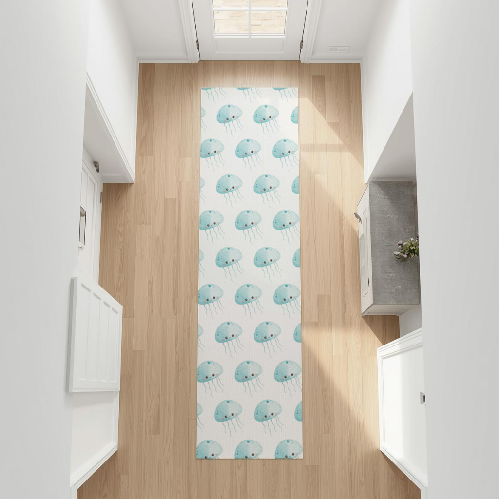 Cute Blue Jellyfish Character Hallway & Entryway Rug