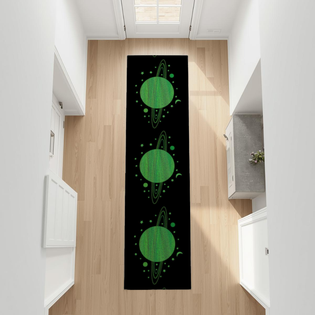 Green planets on a black background. Hallway & Entryway Rug