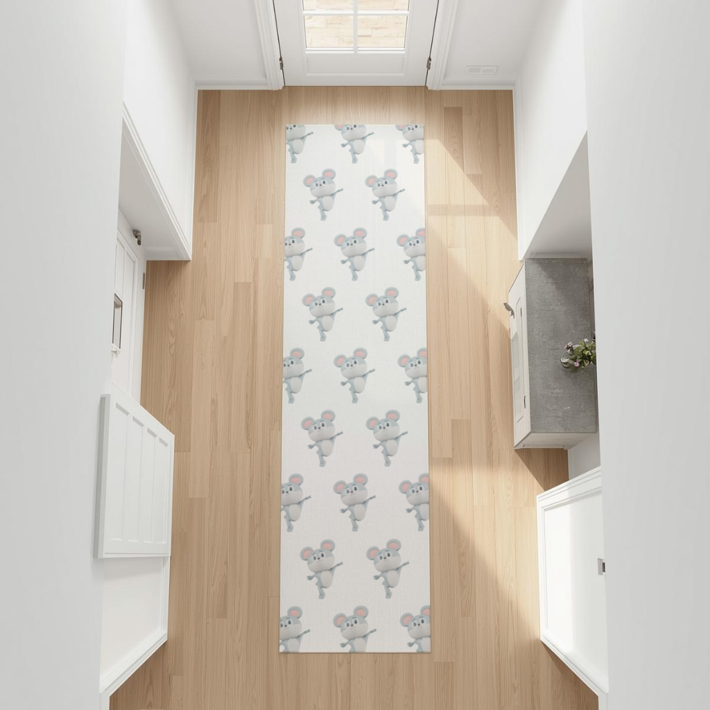 Dancing Cute Grey Mouse Character Hallway & Entryway Rug
