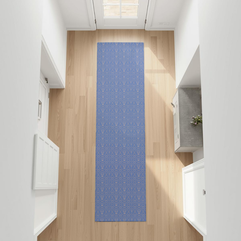 Orange Linear Floral Pattern on Blue Hallway & Entryway Rug