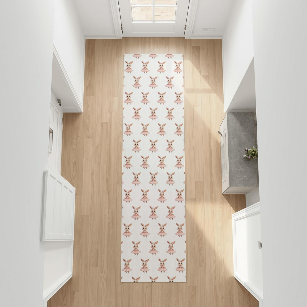 Kawaii Rabbit in Pink Ruffled Dress Hallway & Entryway Rug