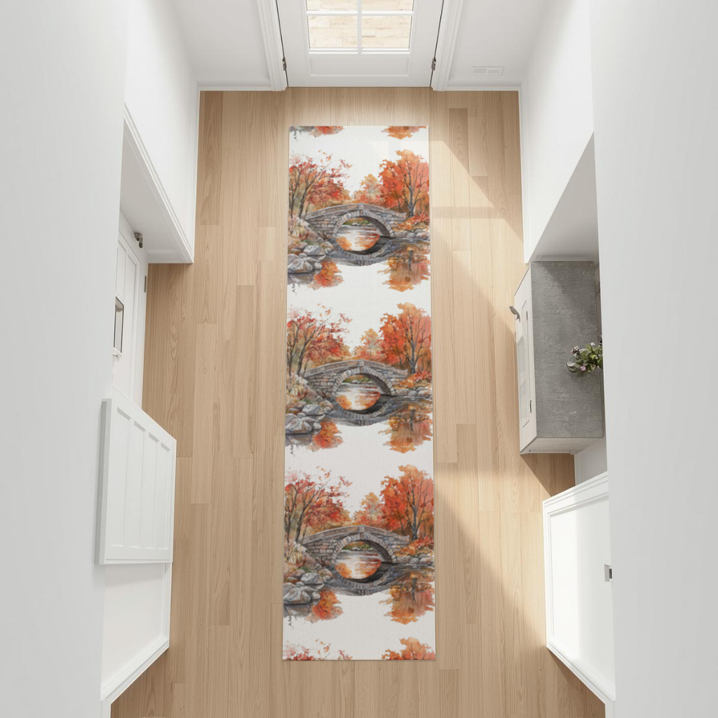 Autumn Stone Arch Bridge Over River Hallway & Entryway Rug