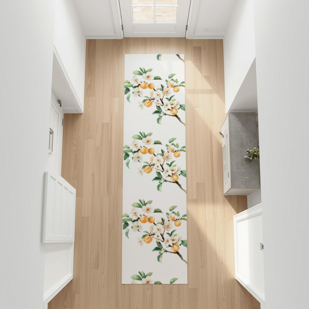 Watercolor Apricot Blossom Branch Hallway & Entryway Rug