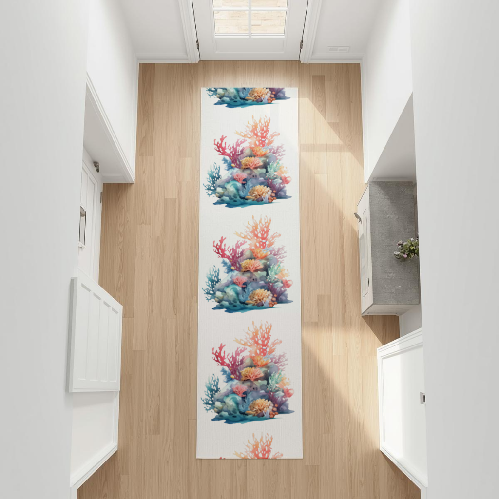 Vibrant Watercolor Coral Reef Scene Hallway & Entryway Rug