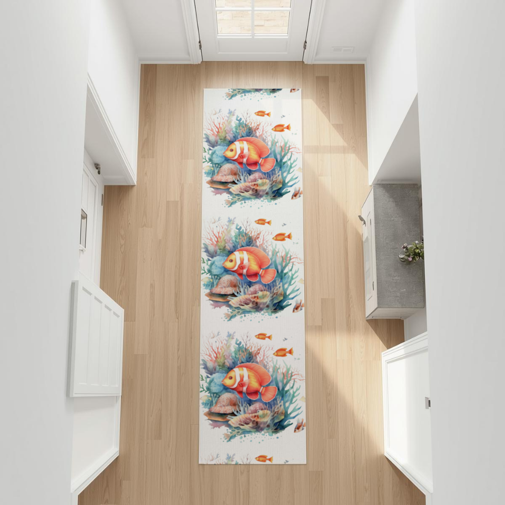 Watercolor Clownfish and Tropical Coral Reef Hallway & Entryway Rug