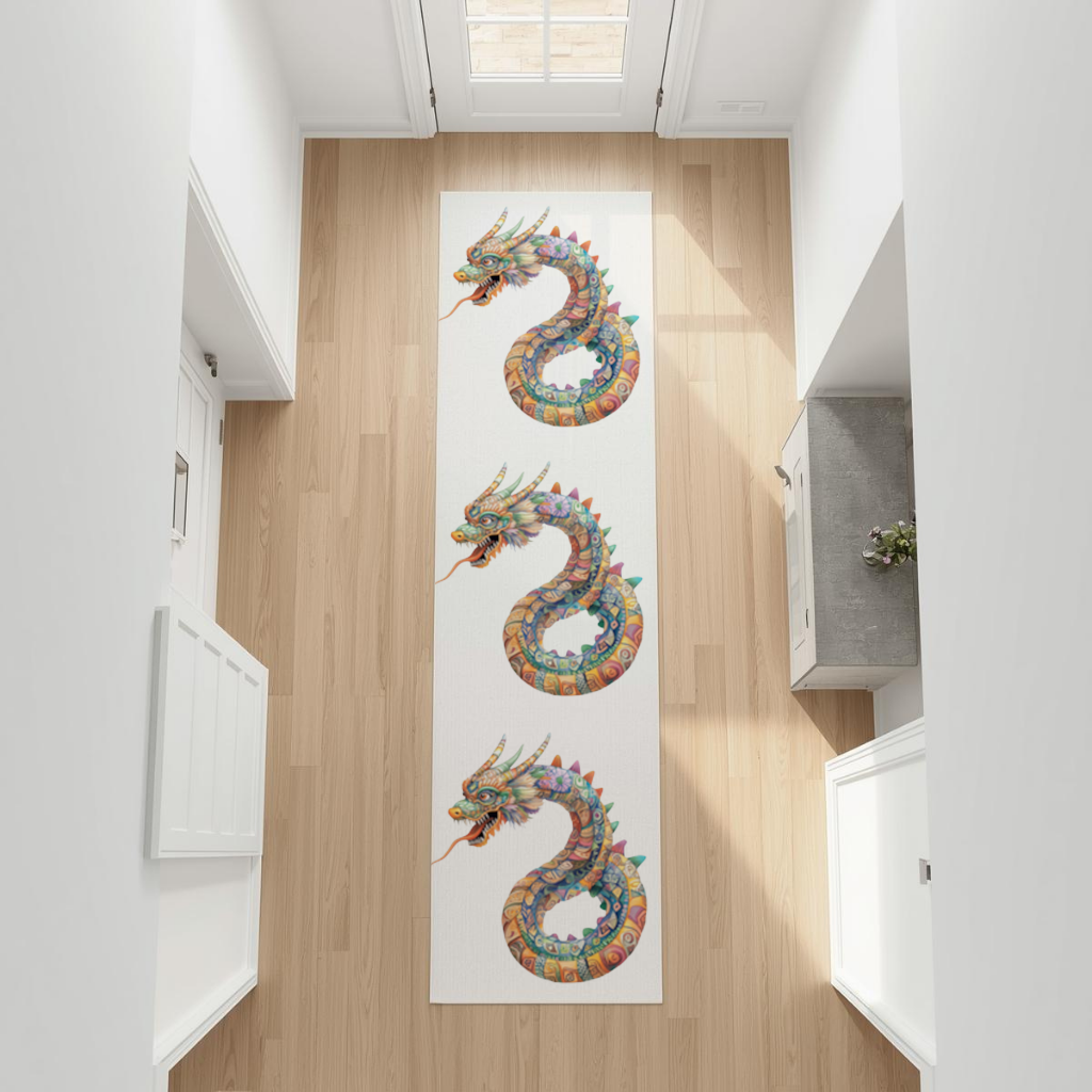 Colorful Mosaic Chinese Dragon Hallway & Entryway Rug