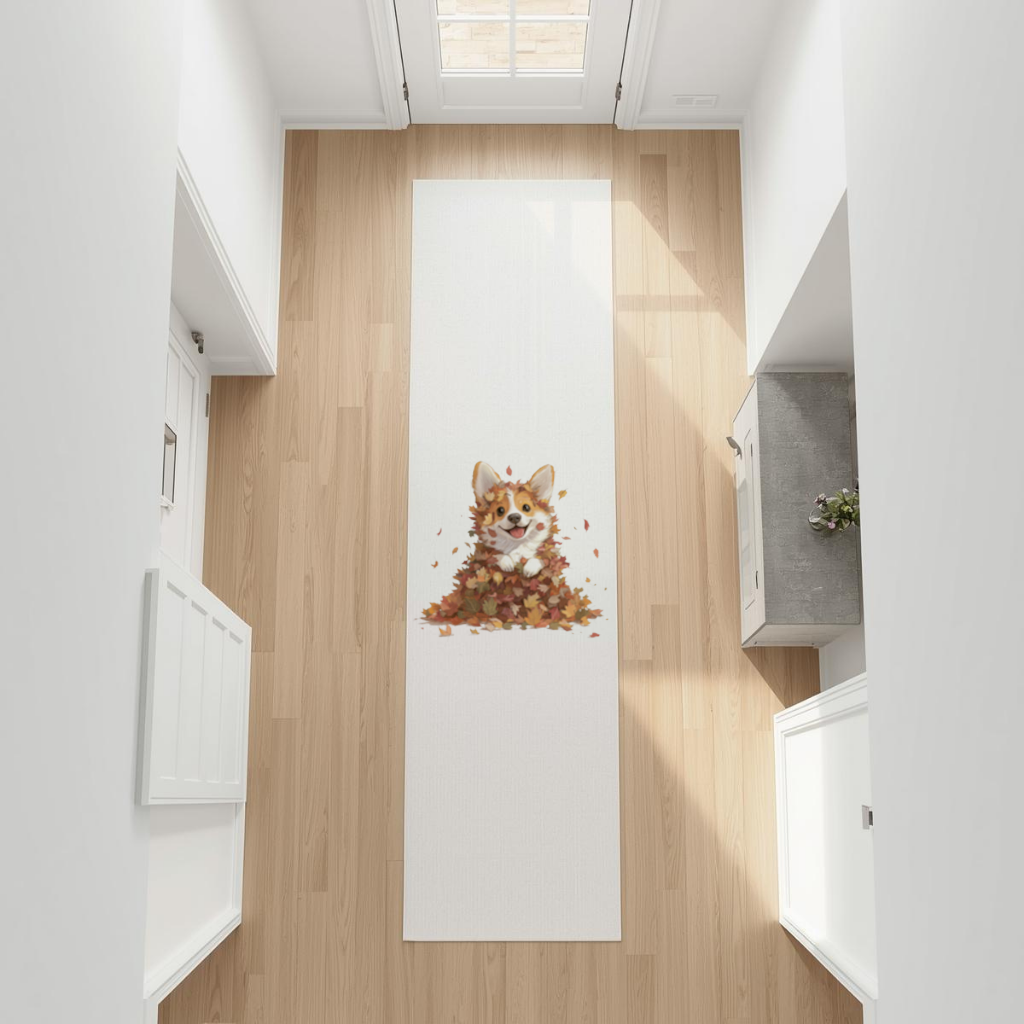 Happy Corgi Puppy in Fall Leaves Hallway & Entryway Rug
