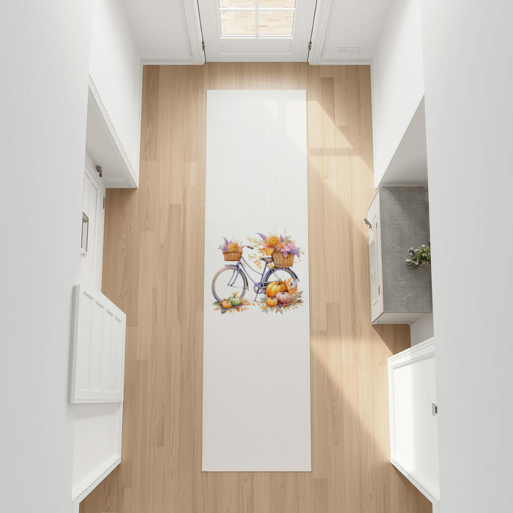 Lavender Autumn Bicycle with Pumpkins Hallway & Entryway Rug