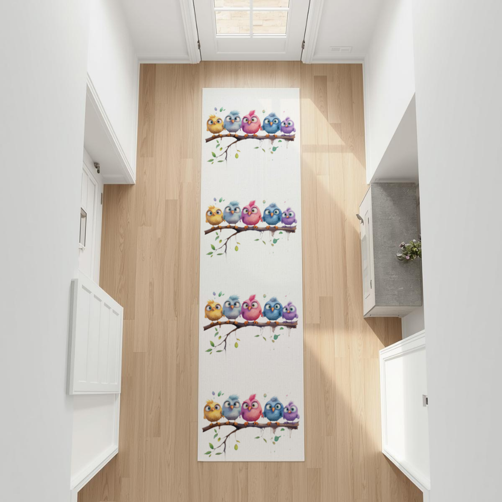 Five Colorful Kawaii Birds on Branch Hallway & Entryway Rug