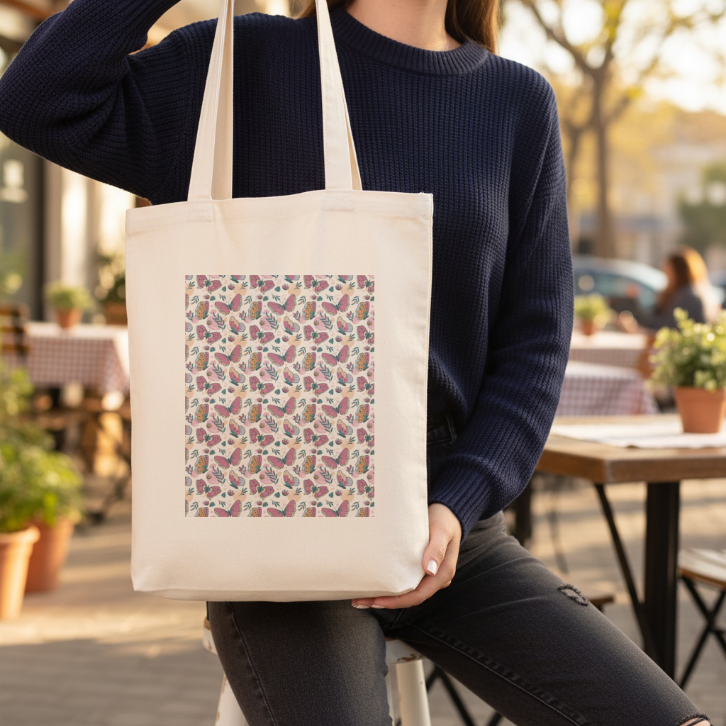 Pastel Butterflies and Botanical Leaves Seamless Pattern Gusseted Canvas Tote Bag