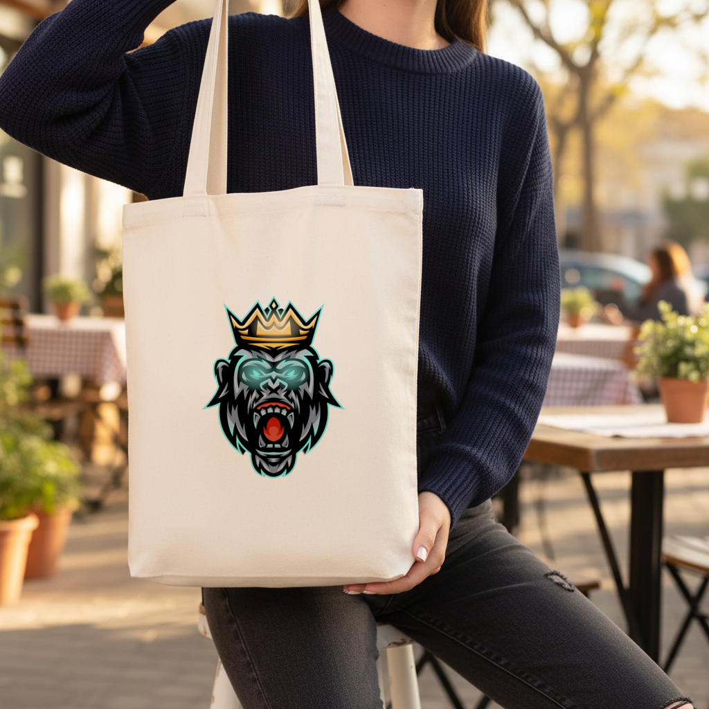 Angry Gorilla King with Crown Graphic - Neon Mascot Design Gusseted Canvas Tote Bag