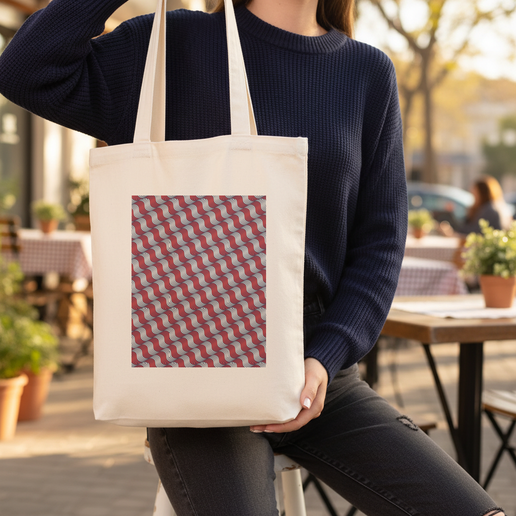 Red and Navy Wavy Line Pattern Gusseted Canvas Tote Bag