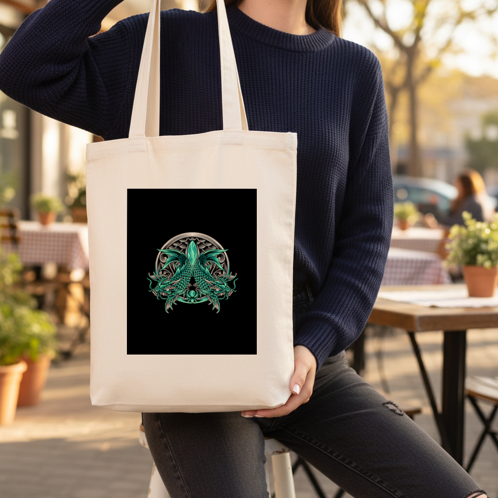 Turquoise Twin Dragon Emblem Design Gusseted Canvas Tote Bag