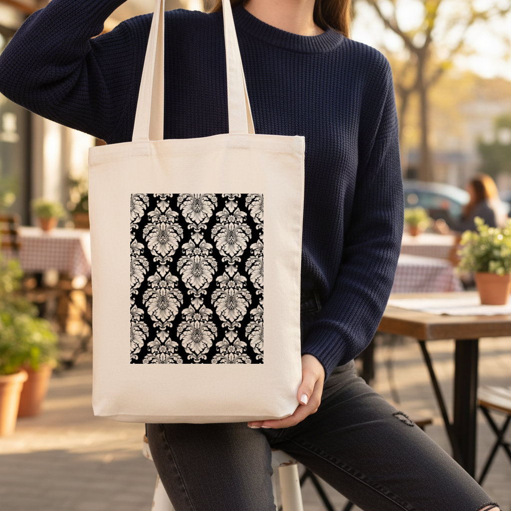 Black and White Baroque Floral Pattern Gusseted Canvas Tote Bag