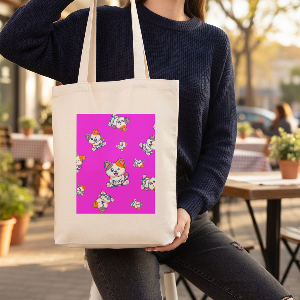 Cute Cartoon Cat Pattern on Pink Background Gusseted Canvas Tote Bag