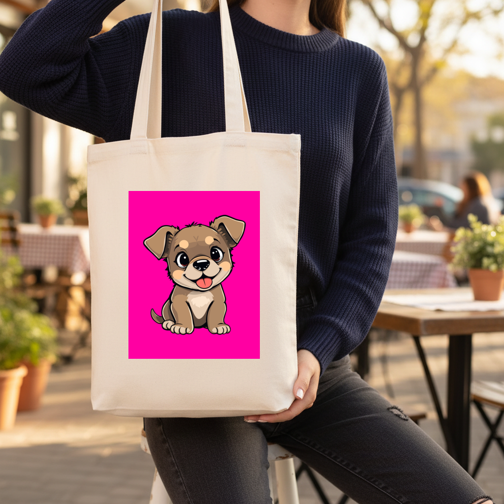 Cute Dog Illustration on Pink Background Gusseted Canvas Tote Bag