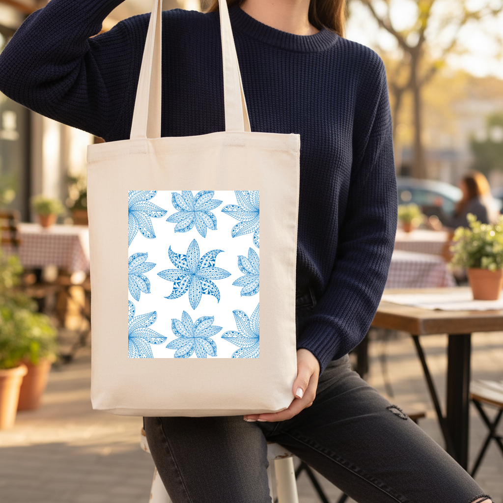 Blue Mandala Floral and Leaf Zentangle Pattern Gusseted Canvas Tote Bag