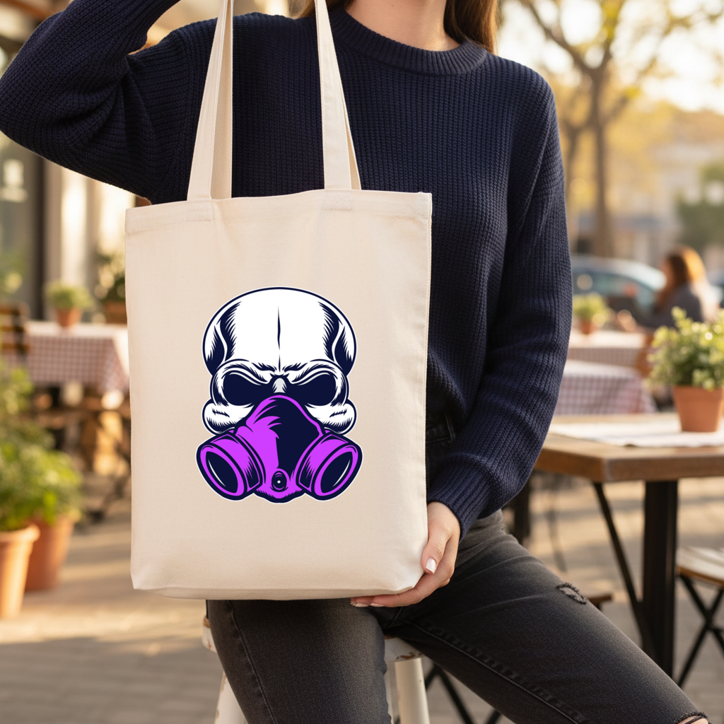 Gaz Maskeli Kafatası İllüstrasyonu Modern ve Sert Tasarım Körüklü Canvas Çanta