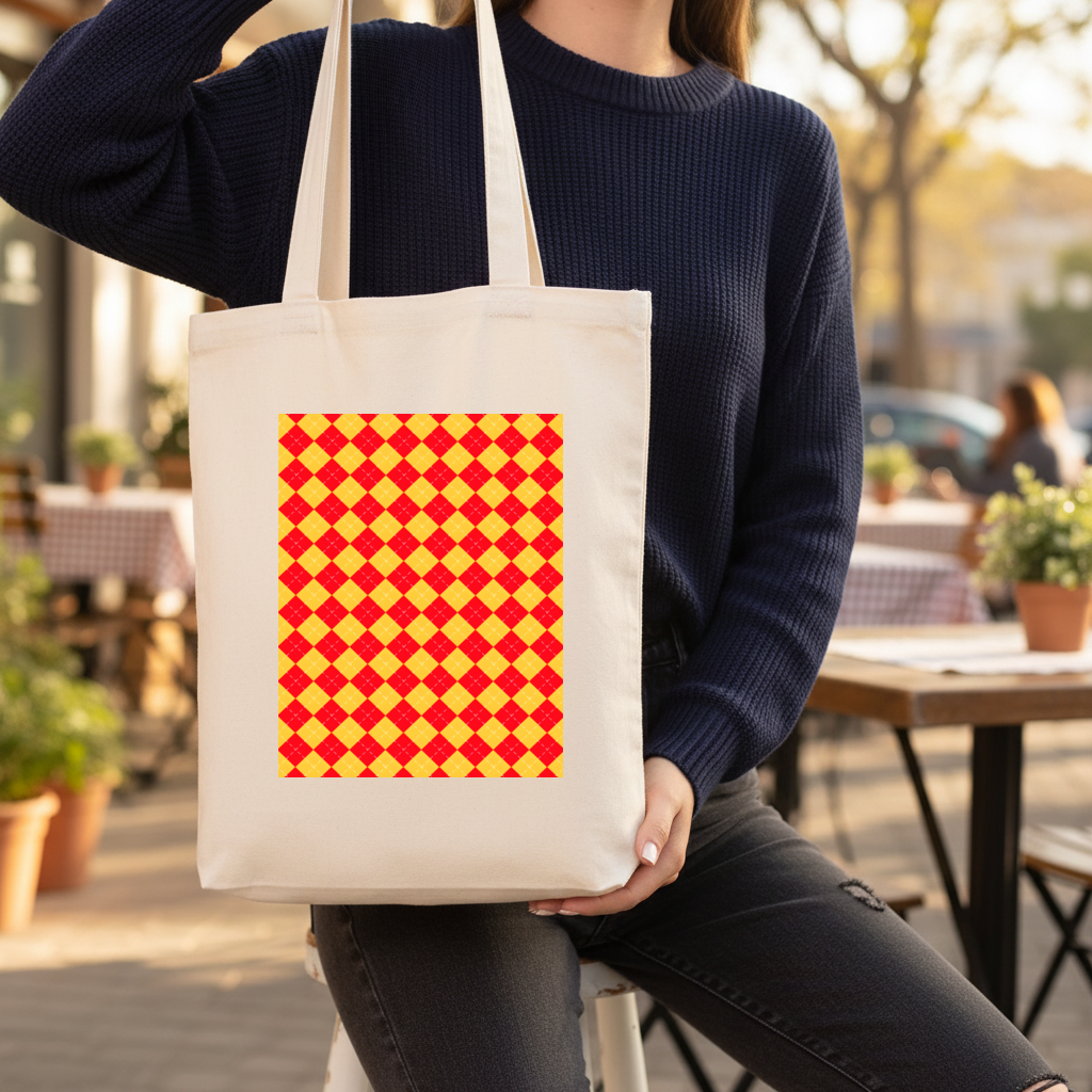 Red and Yellow Argyle Geometric Pattern Background Gusseted Canvas Tote Bag