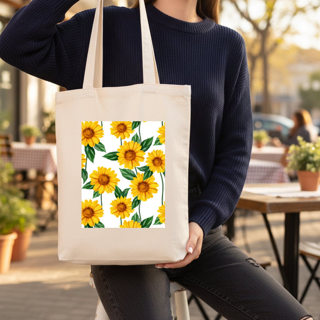 Vibrant Yellow Sunflower and Green Leaf Pattern Illustration Gusseted Canvas Tote Bag