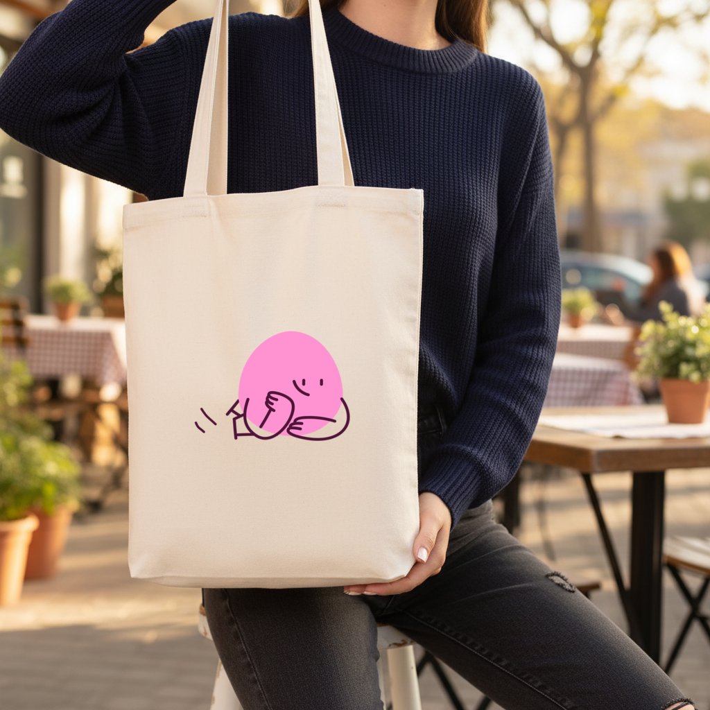 Cute Pink Lying Character Illustration Gusseted Canvas Tote Bag