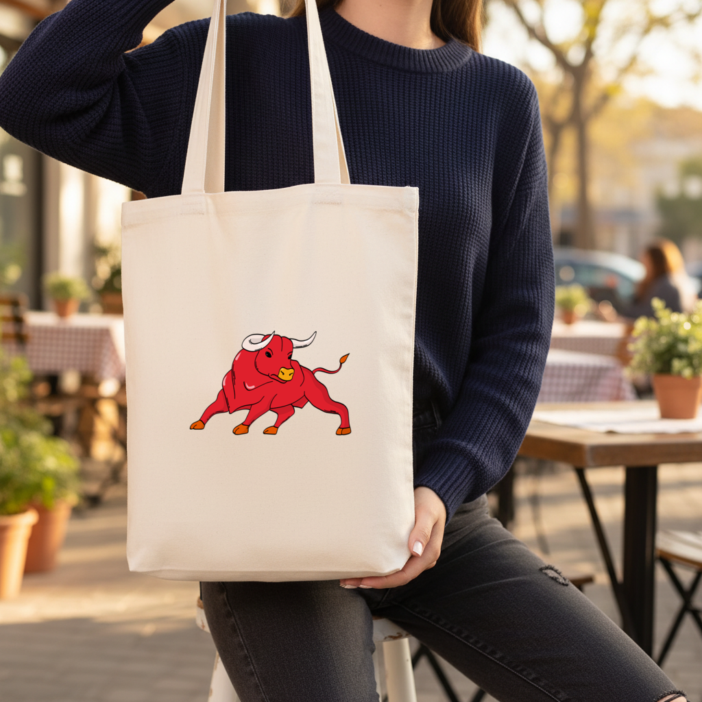 Spanish Red Bull Illustration Inspired by Matador Theme Gusseted Canvas Tote Bag