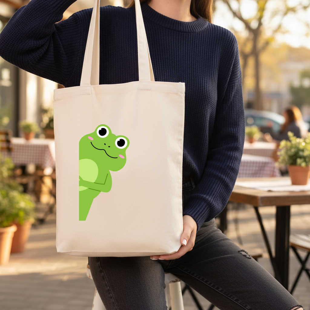 Cute Green Frog Peek-a-Boo Illustration Gusseted Canvas Tote Bag