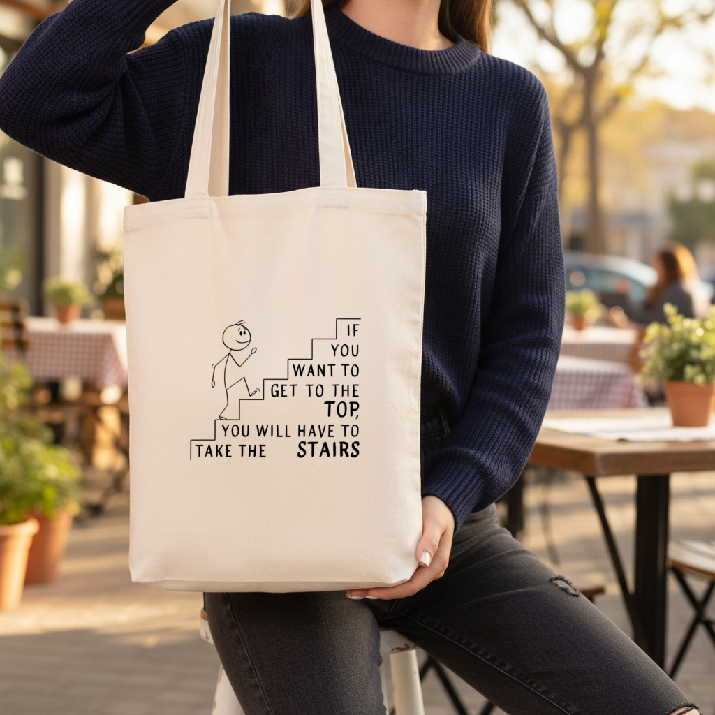 If you want to get to the top, you will have to take the stairs. Gusseted Canvas Tote Bag