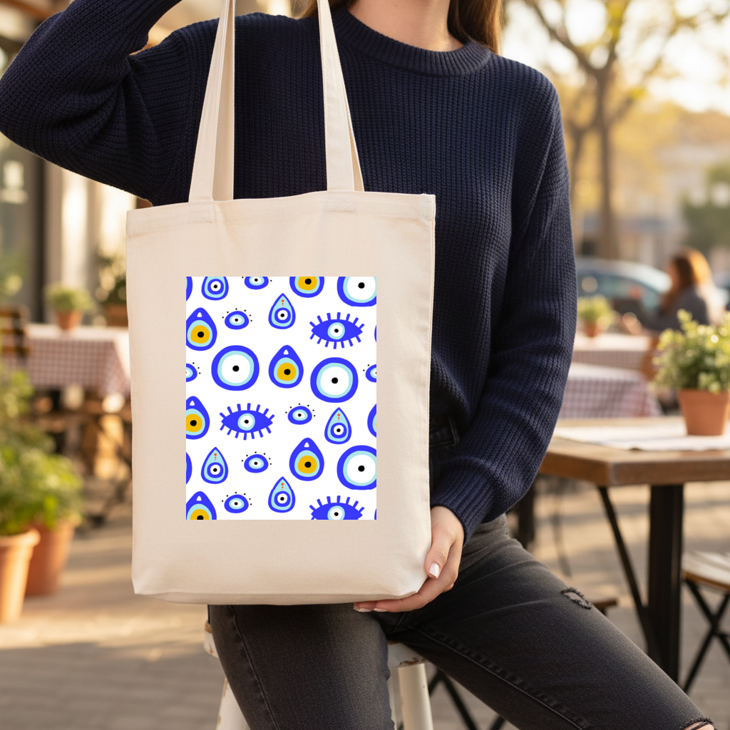 Evil Eye Pattern Gusseted Canvas Tote Bag