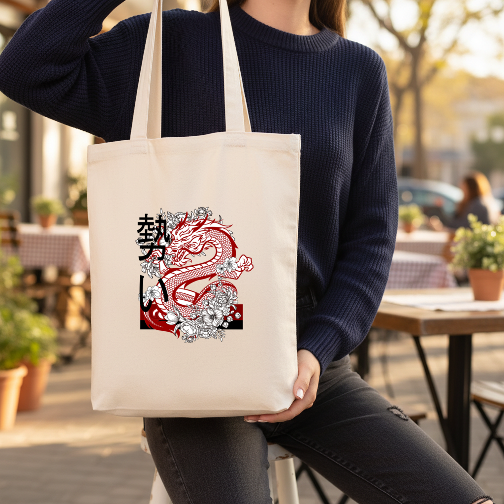 Japanese Dragon with Floral Design Gusseted Canvas Tote Bag