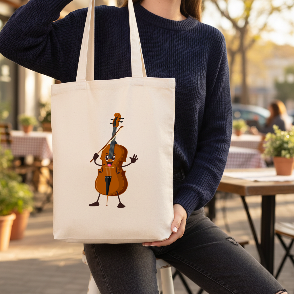 Happy Cello Character Art Design Gusseted Canvas Tote Bag