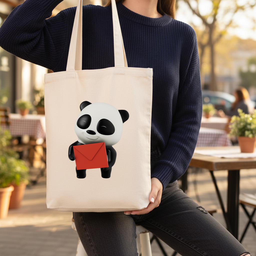 Happy Panda Character Holding Red Envelope Gusseted Canvas Tote Bag