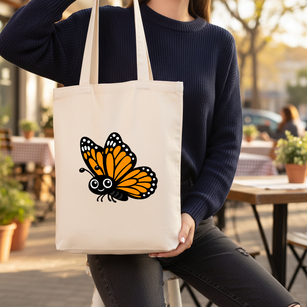 Smiling Orange Monarch Butterfly Character Gusseted Canvas Tote Bag