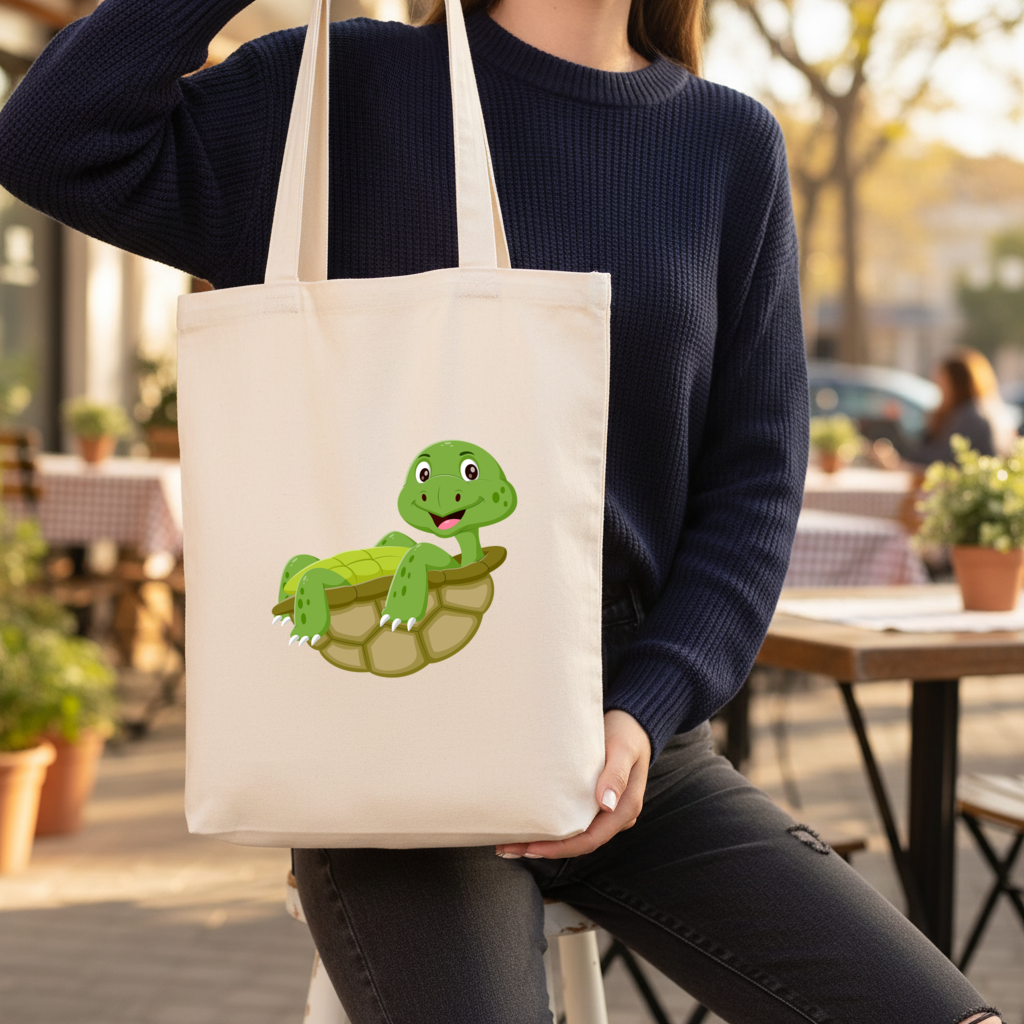 Kabuğunda Mutlu Gülen Yeşil Kaplumbağa Körüklü Canvas Çanta