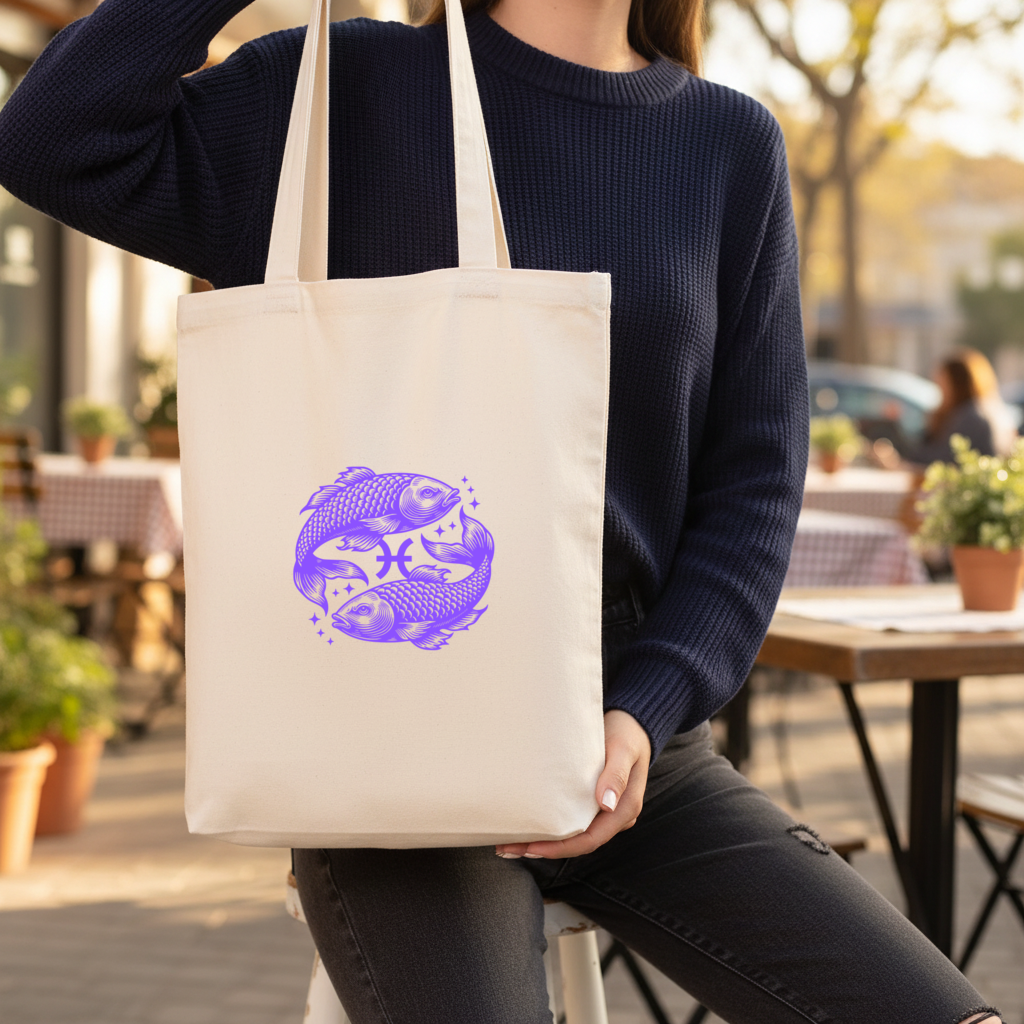 Pisces Zodiac Symbol with Purple Fish Art Gusseted Canvas Tote Bag