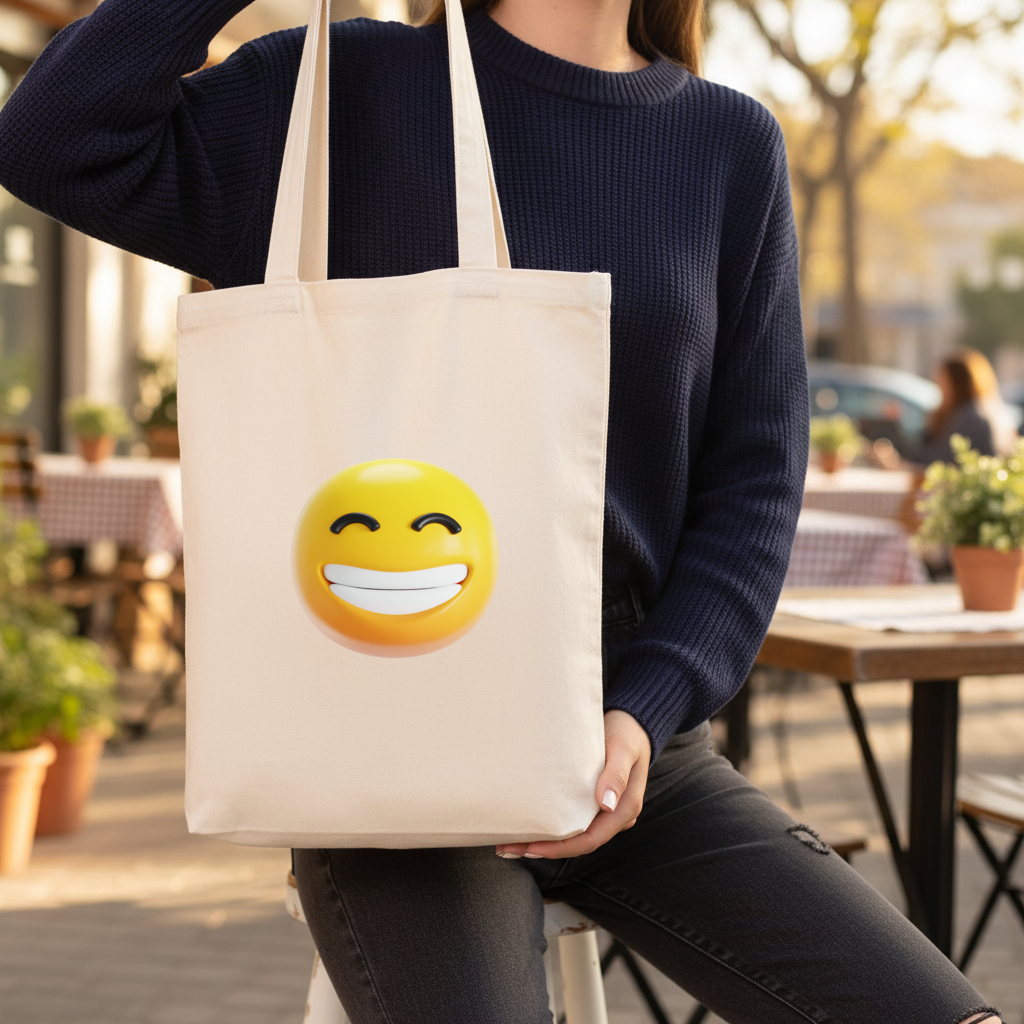 3D Smiling Emoji Gusseted Canvas Tote Bag