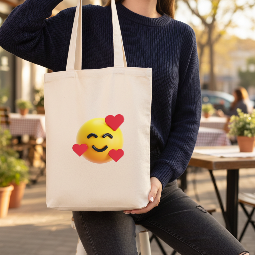 3D Kalpli Gülen Emoji Körüklü Canvas Çanta