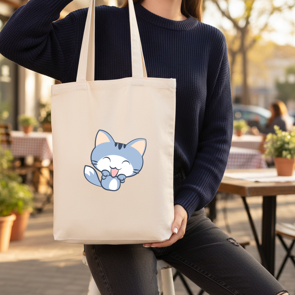 Kawaii Blue Cat Gusseted Canvas Tote Bag