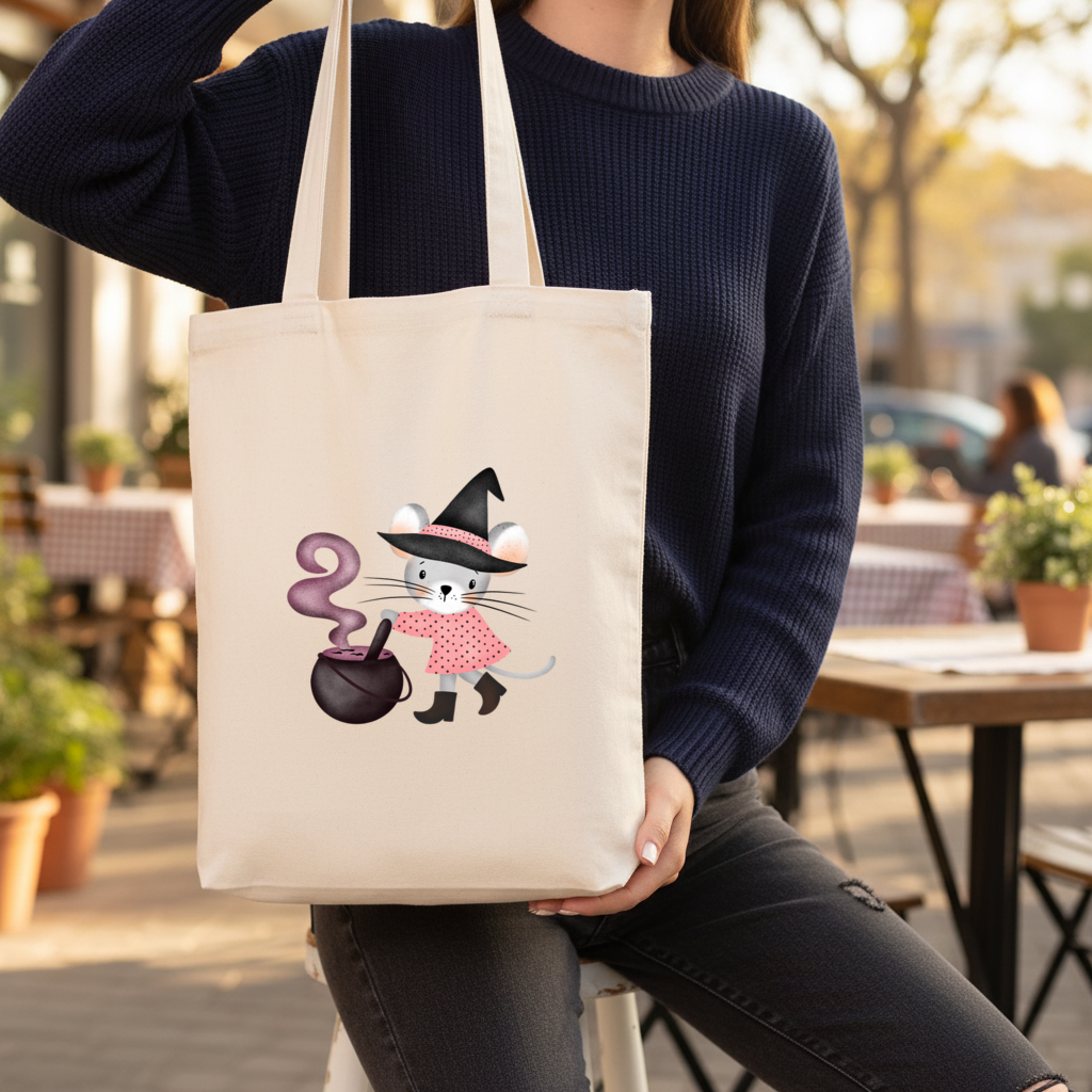 Witch Mouse with Cauldron Gusseted Canvas Tote Bag